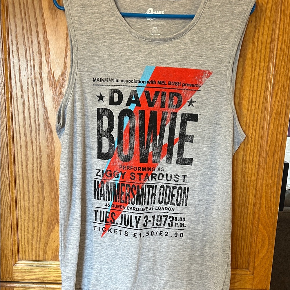 David Bowie Ziggy Stardust Graphic Tank Top - Gray with Red & Blue Lightning